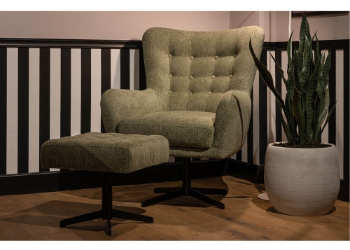 Draai- of vaste fauteuil Flynn van UrbanSofa met hocker in vele stof- of leersoorten 2