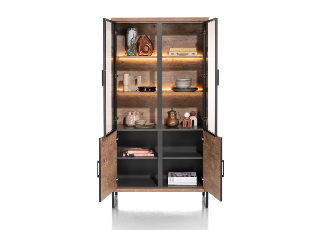Pantin vitrinekast in Primo Laminato Barnwood met LED-verlichting | front open